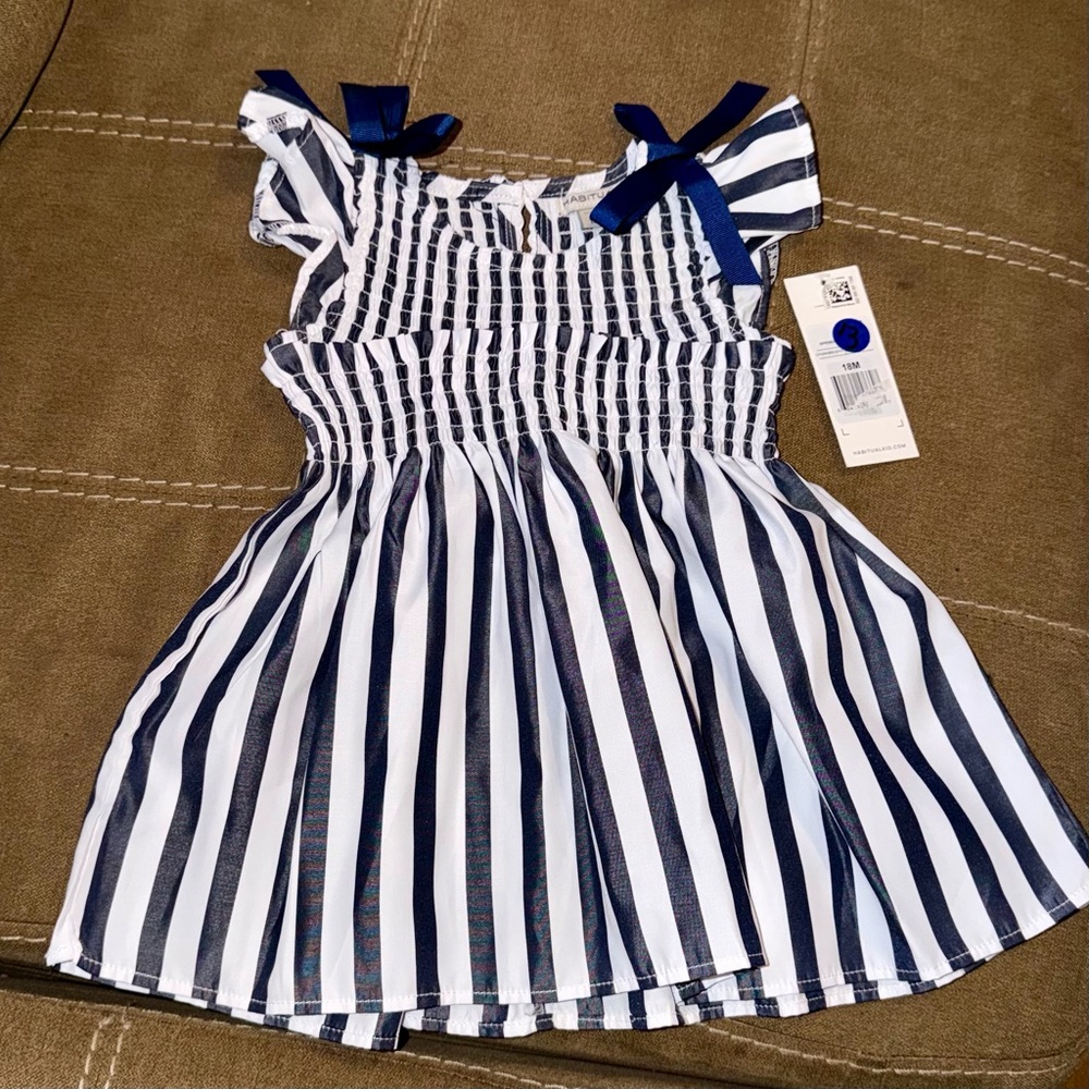 Girls Navy and White Striped Smocked Dress with Bow